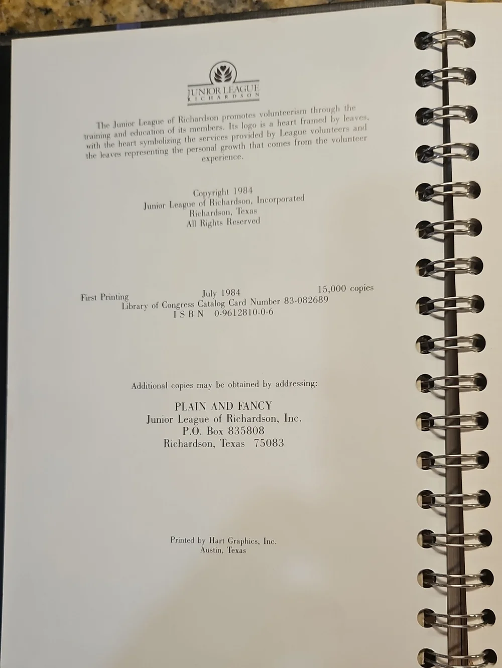 Plain & Fancy Cookbook Junior League Of Richardson, Texas 1984 Spiral 252 Pages